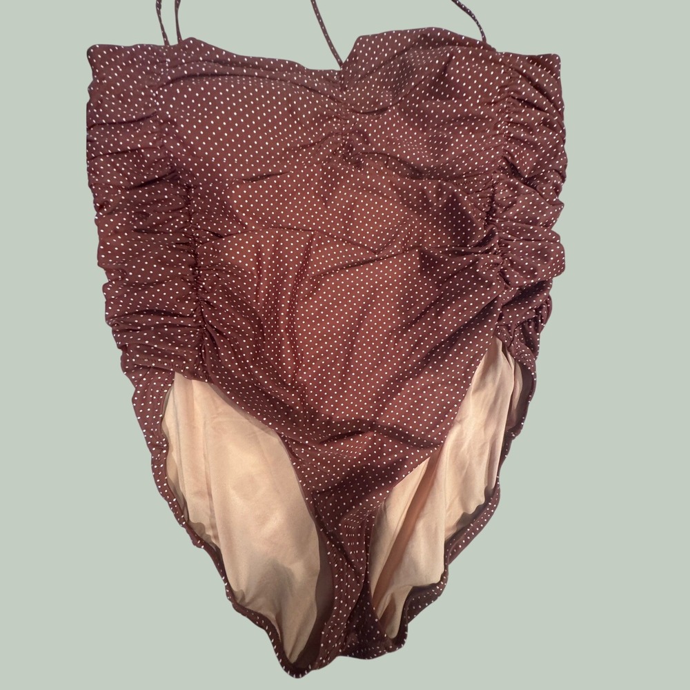 J.Crew Brown Polka Dot Ruched One-Piece Swimsuit Re-Imagined Sweetheart 22